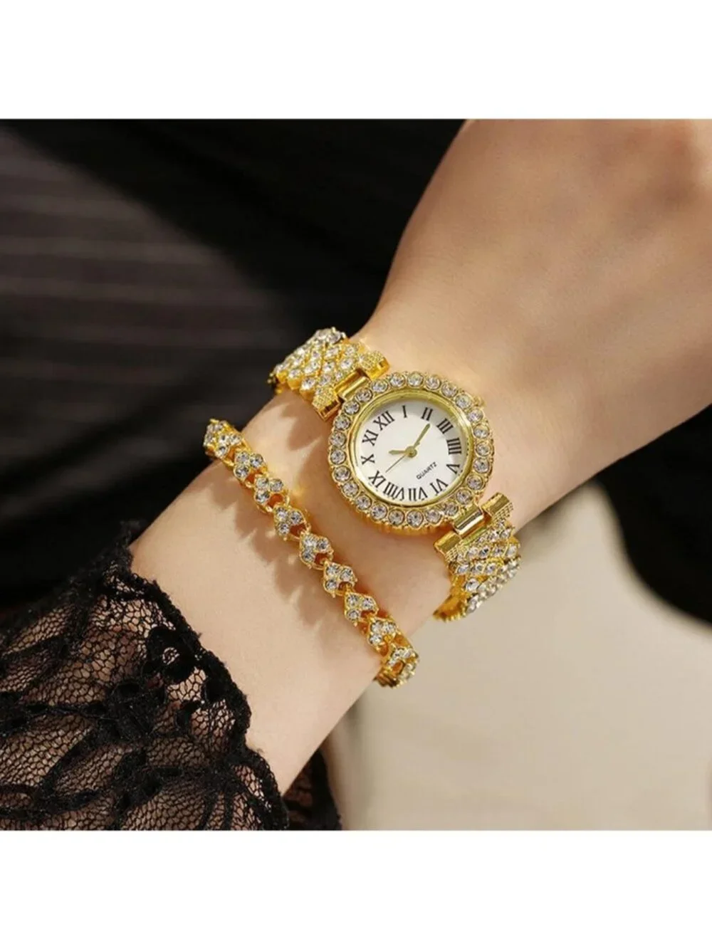 Womens Gold Analog Quartz Fashion Diamond Bangle Bracelet Set Luxury Wrist Watch